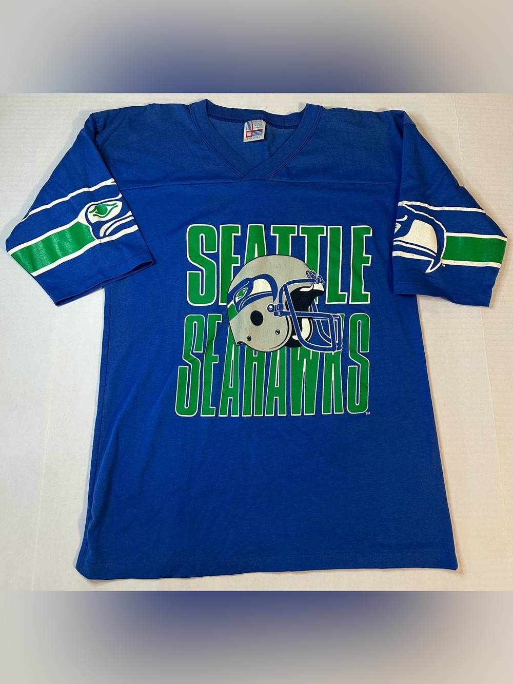 VTG Garan Seattle Seahawks Blue Single Stitch V neck Shirt W Medium Made In USA